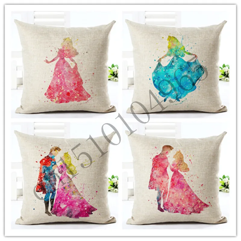 

High Quality Cartoon Prince And Princess In Love Home Decorative Cushion Chair Throw Pillow Square Cojines Cotton Linen Fundas