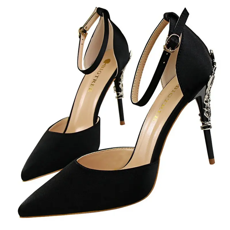 

Size34-39 Woman Sexy Silk Sandals Women Special Decoration On Heels Shoes Female Ankle Strap Shoes Woman 10cm High Heels Shoes