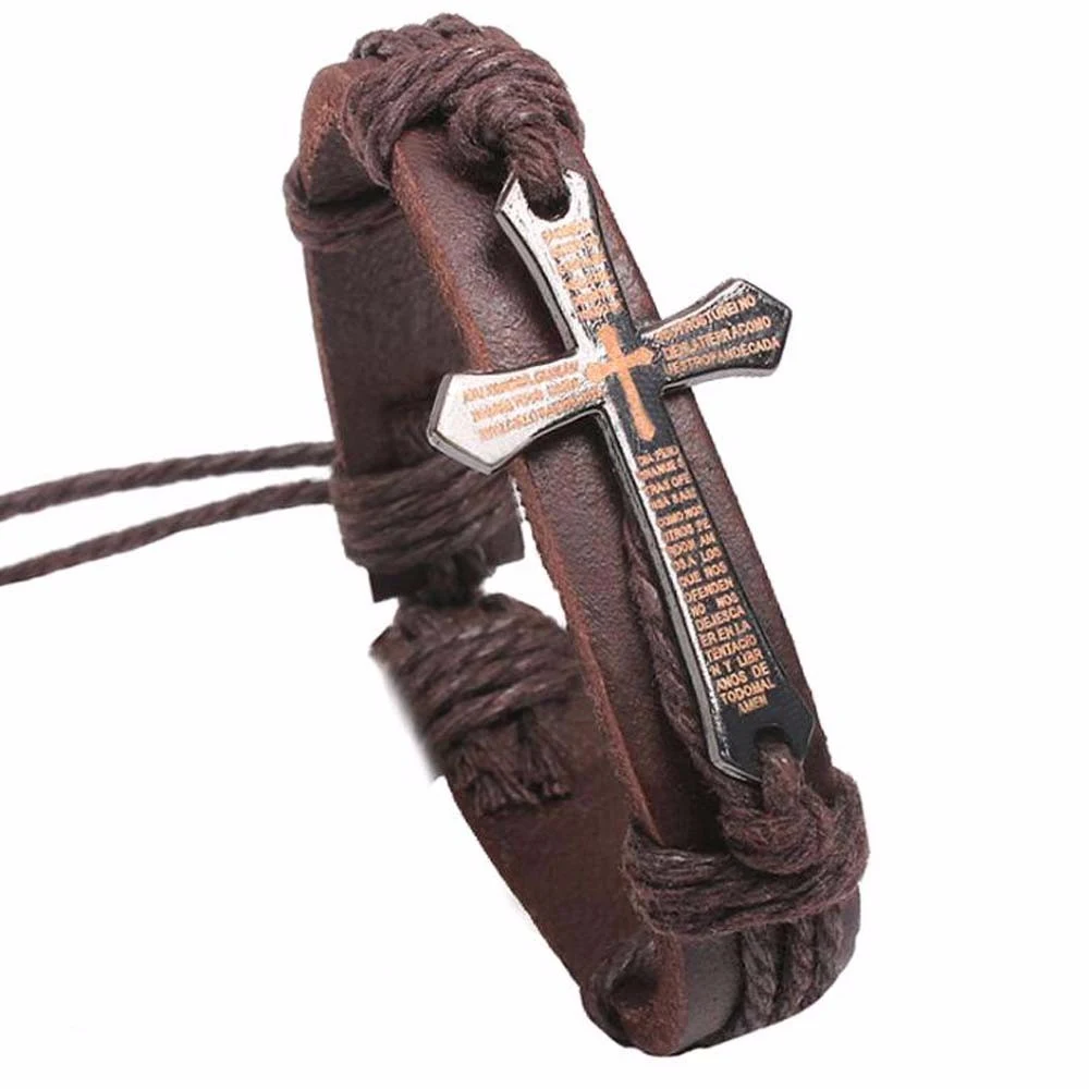 New Fashion Men Women Jewelry Vintage Leather Bracelets & Bangles Metal Cross Jesus Charm Bracelet Adjustable Wax Cord Bracelet - Image 3
