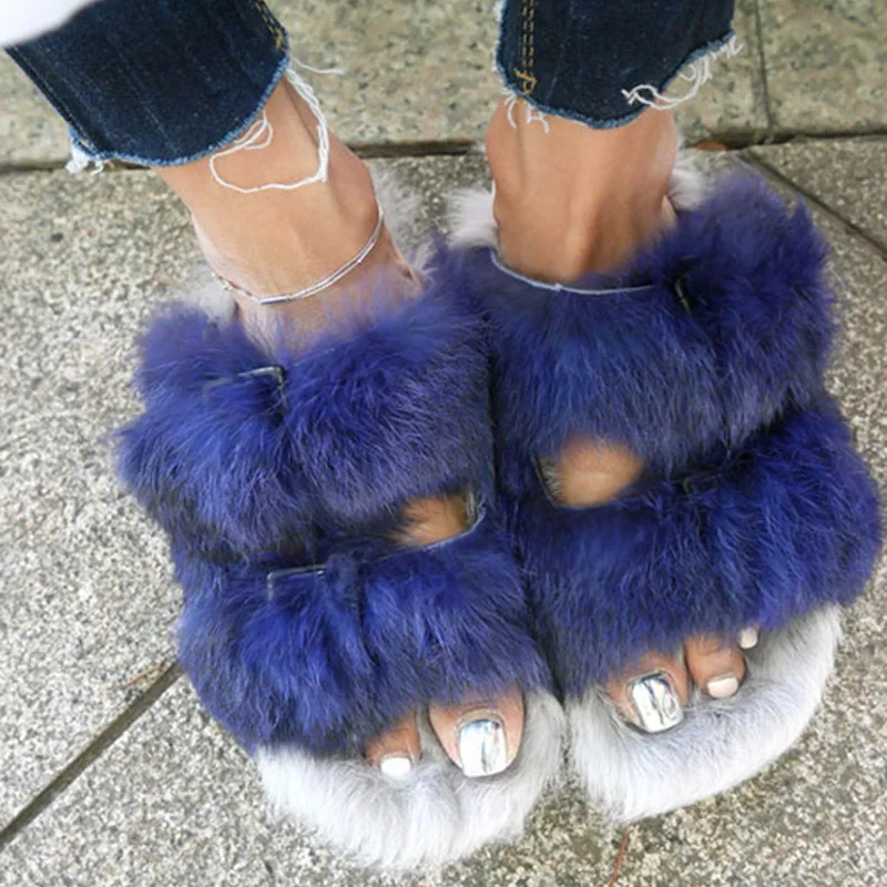 

New Women Spring Real Rabbit fur Peep Toe Home Slipper Cut out Big Bucked Living Slipper Sandals Women Flats Full Fur Shoes