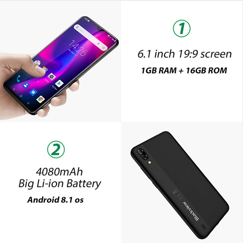 Billige Blackview A60 Smartphone 4080mAh 199 6,1 Zoll Android 8.1 1GB RAM 16GB ROM Dual Sim Quad Core 13MP + 5MP Kamera 3G Handy