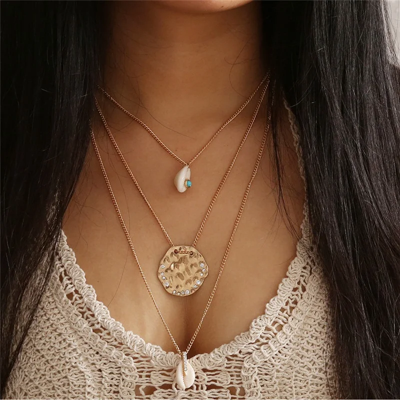 

Bohemian Sea Shell Pendant Gold Necklace For Women Seashells Conch Choker Crystal Layered Long Chain Necklace Boho Beach Jewelry