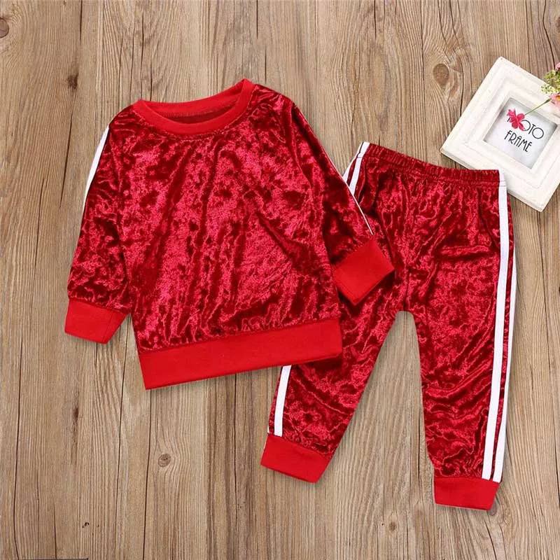 Детская одежда комплект одежды с длинными рукавами и круглым вырезом для девочек, однотонный топ+ штаны детский осенне-зимний костюм ropa para adolecentes - Цвет: Красный