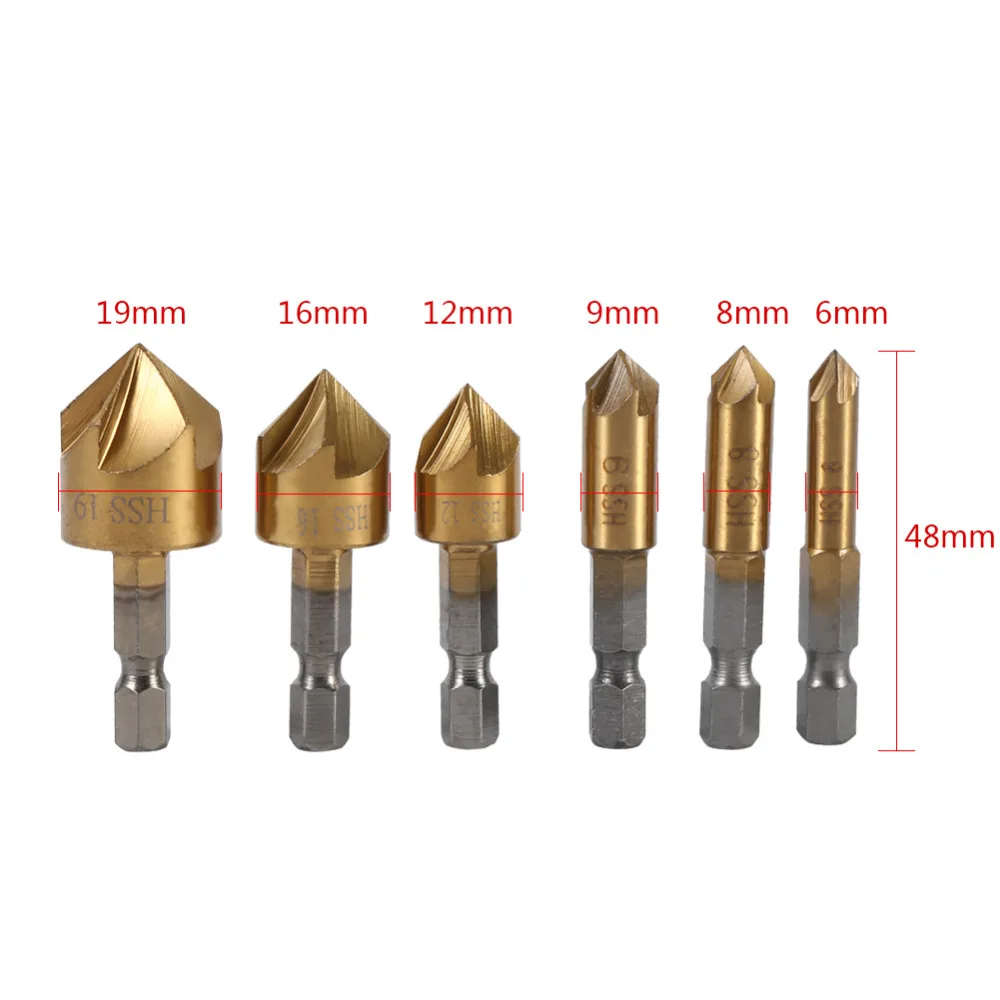 WALFRONT 6 шт. 1/" шестигранный хвостовик 5 флейт зенковки сверла набор деревообрабатывающие титановое покрытие Металл Бурение электроинструменты резак