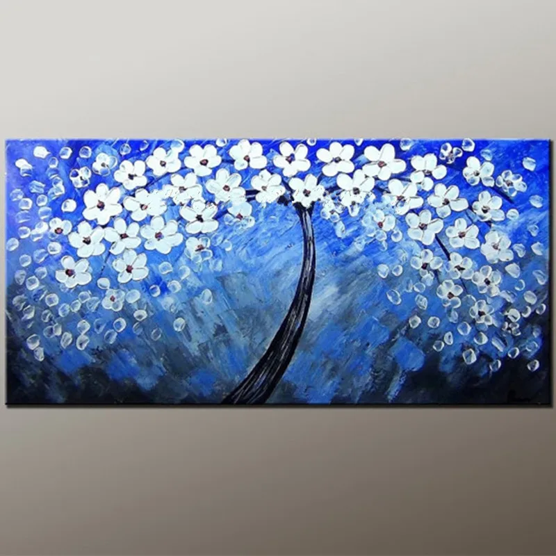 

Gifts Large Knife White Floral Pictures Handpainted Abstract Flower Oil Paintings on Canvas Home Decor Art Blue Wall Painting
