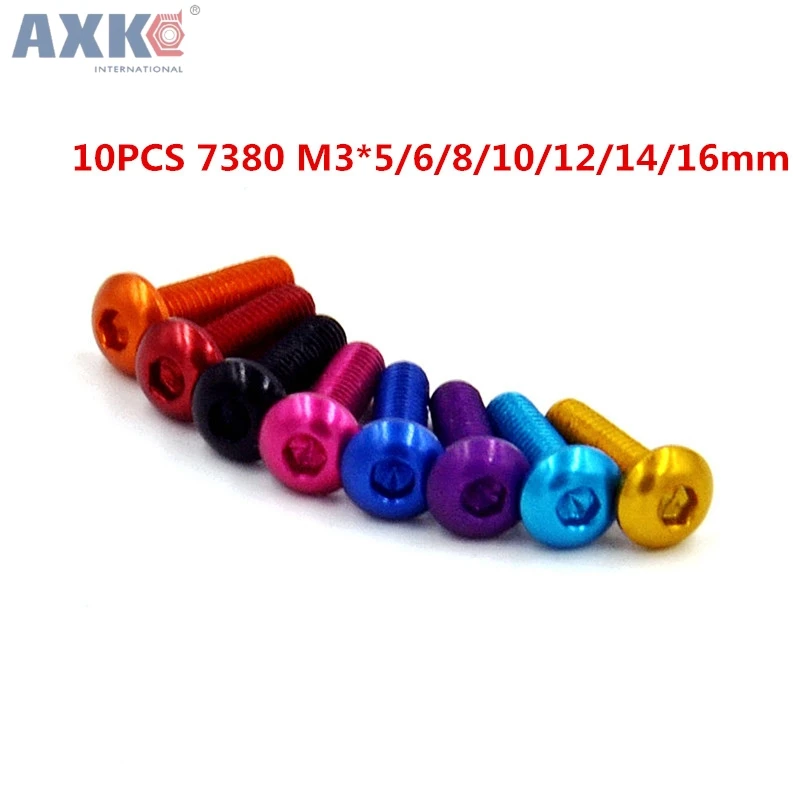 AXK 10pcs M3 Aluminum Alloy ButtonScrewsISO7380M3*5/6/8/10/12/14/16mm Hex Socket Round head Screws Bolts Anodized Color | Обустройство