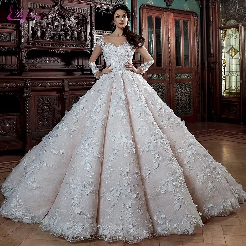 Waulizane бальное платье с длинным рукавом свадебное платье со шлейфом Элегантный 3D цветы и аппликации Принцесса свадебное платье - Цвет: picture ivory