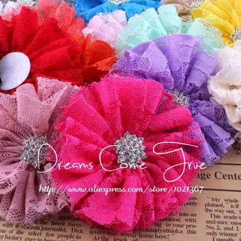 

20pcs/lot 7CM 15 Colors Excellent Artificial Chic Shabby Fabric Lace Mesh Flower Accessories+Alloy Snow Rhinestone Button