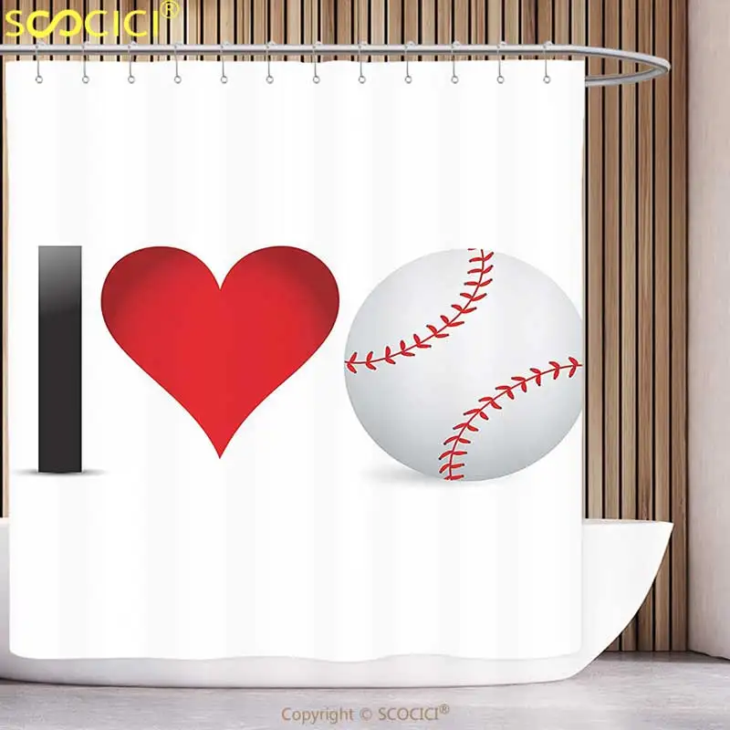 Polyester Shower Curtain Sports Decor I Love Baseball Heart With