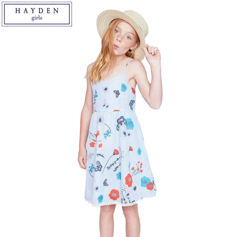 

HAYDEN Girls Sundress Patterns Summer 2017 Beach Dress for Teenage Girl Kids Sleeveless Strap Dresses Floral Print Striped Dress