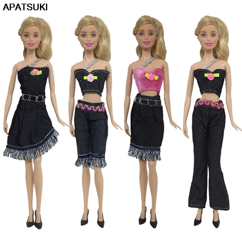 

4sets/lot Fashion Black Jeans Casual Wear Vest Shorts Skirt Dress For Barbie Doll Clothes For Barbie Dollhouse Doll Accessories