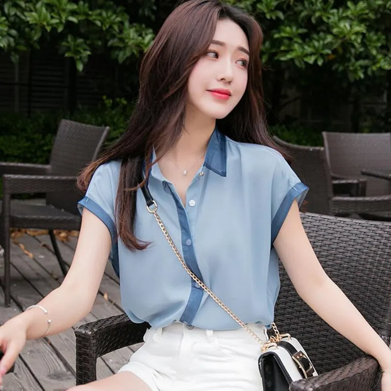 

Women Shirt Chiffon Blouse Femininas Tops Short Sleeve Elegant Ladies Casual Blouse Plus Size S-2XL Chiffon Shirt Clothing