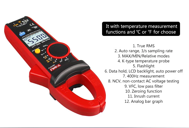 UNI-T UT216C Токоизмерительные клещи мультиметр 600A True RMS Автоматический диапазон Частотный конденсатор температура NCV Тест цифровой клещи