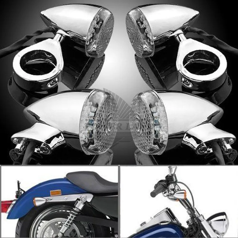 

41mm Chrome Plated Front Rear Motorcycle LED Turn Signal Amber Light Blinker Clear Lens Fork Clamp Universal Fit For Harley 4pcs
