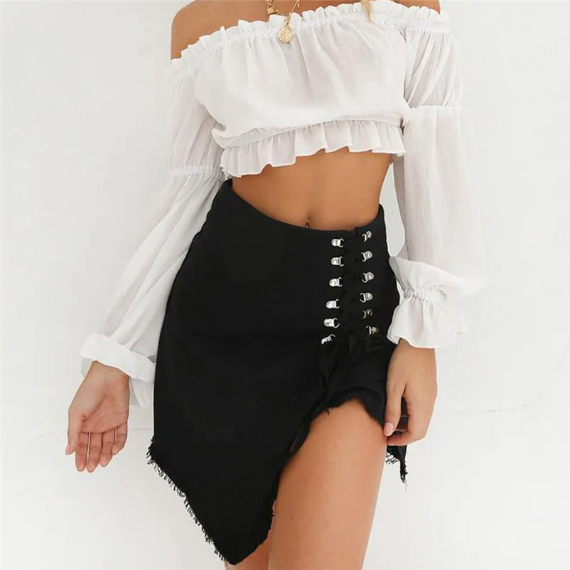 New Fashion 2018 Summer style skirts womens casual High Waist Cowboy Bandage Girls Sexy Uniform Mini Skirt Femme Saia Y04#N (1)