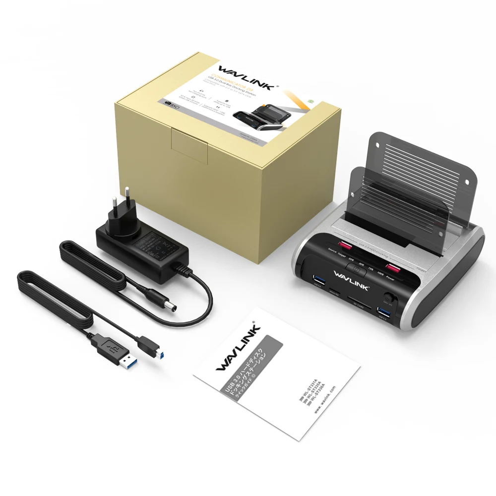 Wavlink 2,5 3,5 pulgadas USB 3,0 a SATA Dual-Bay Hard Drive estación de acoplamiento con clon sin conexión y lector de tarjetas UASP para 2,5