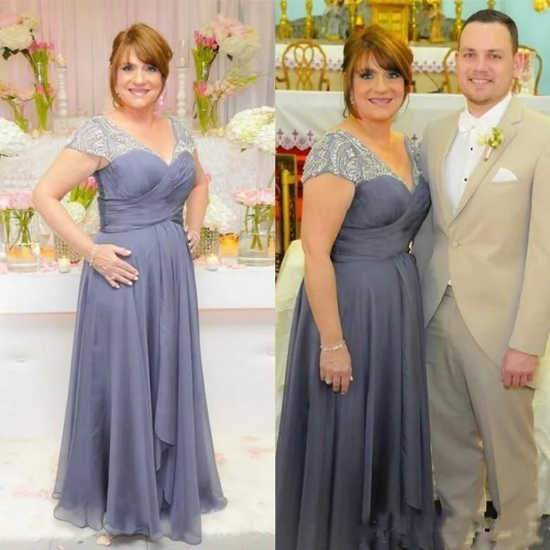 

2019 Beads Plus Size Mother Of The Bride Dresses V Neck Short Sleeves Ruched Chiffon Long Prom Party Dress Formal Evening Wear