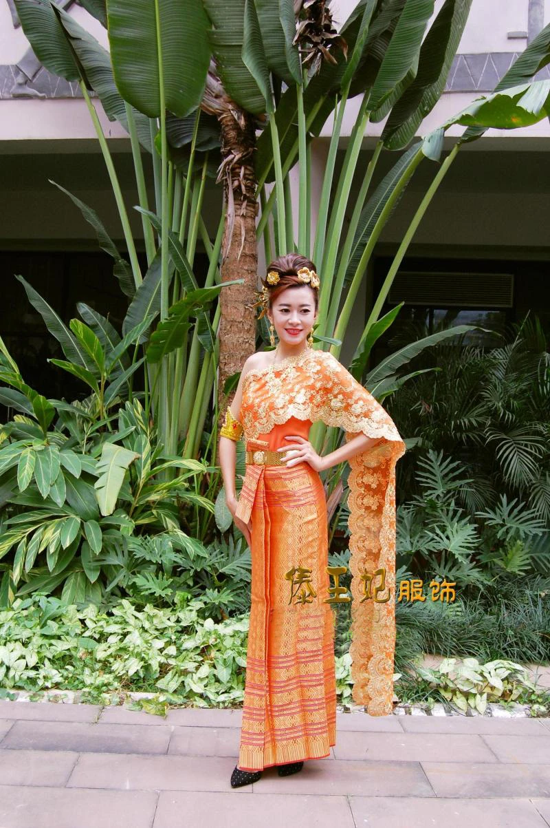 Одежда для китайского национального принадлежности, Юнь Нань Дай, традиционные фигурки Тайланда, Женский костюм оранжевого цвета без рукавов, шаль, шарф, верхняя одежда
