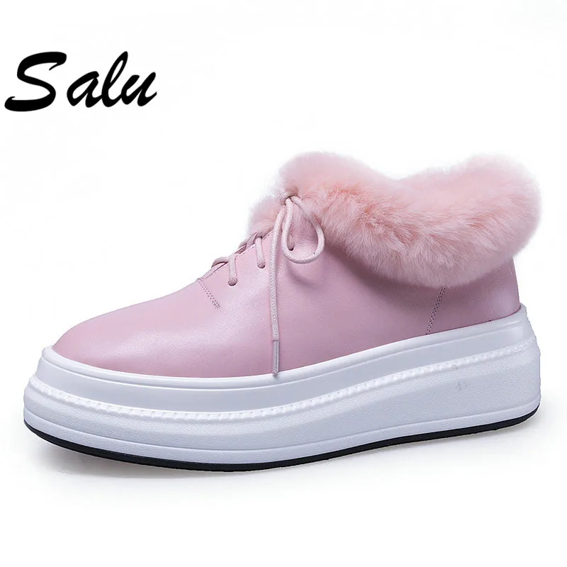

Salu winter Boots Women Real Fur ankle Boots Warm Wool Low Heel Snow Shoes Thick Outsole Ladies Shoes