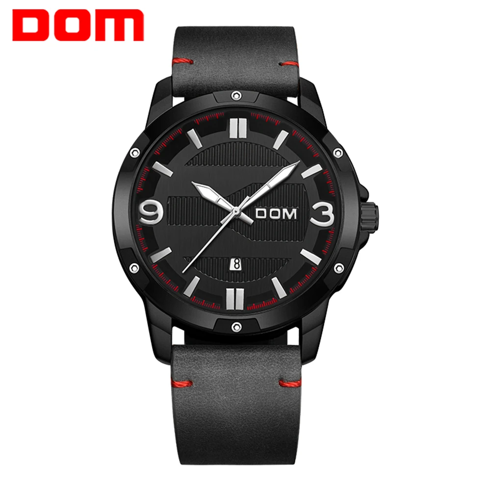 

DOM Watches Mens Black Leather Band Military Sport Watch Men Luminous Hands Calendar Quartz Watch Big Dial 46mm Zegarek Meski