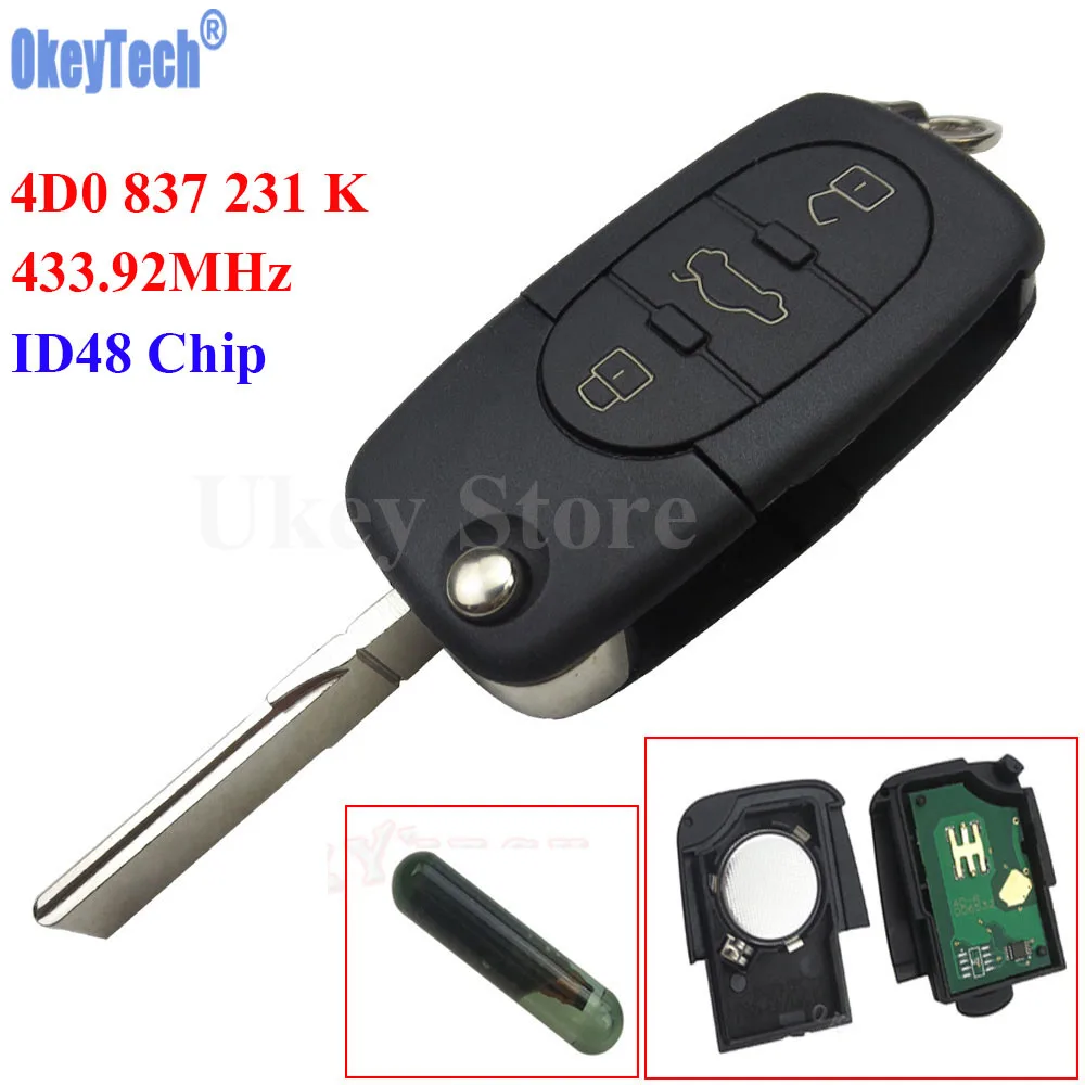 OkeyTech 433MHz 3 Buttons Remote key Keyless Entry Fob ID48 Transponder Chip for Audi A6 TT Old Models 4D0 837 231 K 4D0837231K