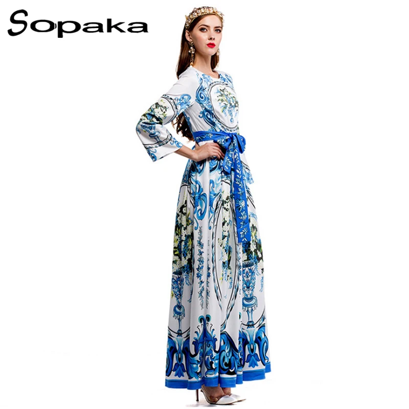 SOPAKA 2017 Autumn Dress Wrist Sleeve Sashes White and Blue patchwork Floral Vase Printed Runway Designer Maxi Women Long Dress long-floral-maxi : image SOPAKA 2017 Autumn Dress Wrist Sleeve Sashes White and Blue patchwork Floral Vase Printed Runway Designer Maxi Women Long Dress long-floral-maxi