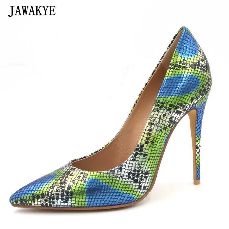 

JAWAKYE High Quality Pumps Blue Mix Green Color Pointed toe High Heels Snake Printing 10cm 8 cm stilettos Elegant Women Shoes