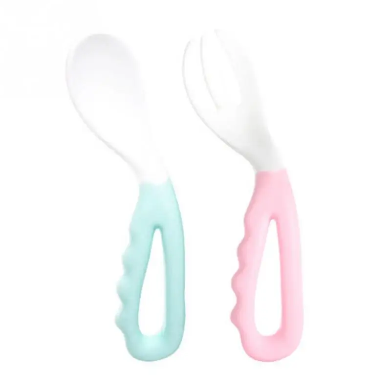 blue pink Новинка, для малышей, легко держать в руке, для кормления ребенка, изогнутая ручка, ложка и вилка, посуда - Цвет: blue pink
