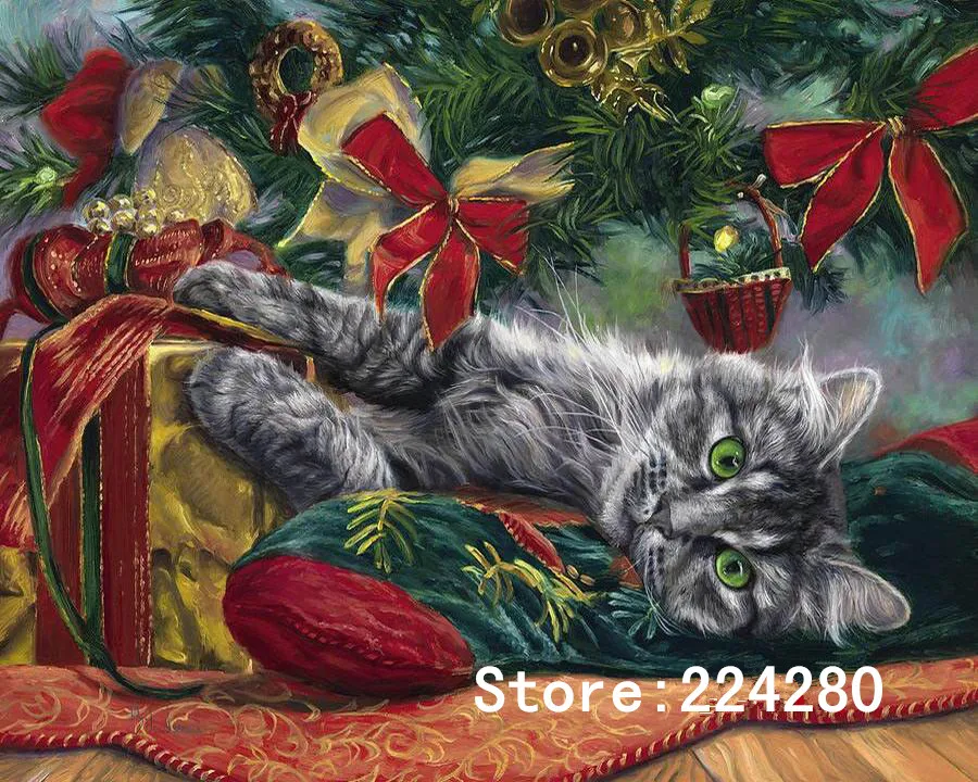 Рождество милый кот животное искусство рукоделие 14CT холст без принта ручная вышивка DMC наборы для вышивки крестиком DIY домашний декор