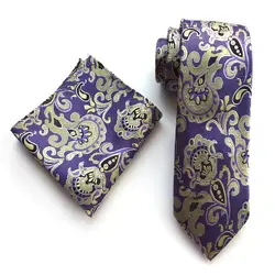 Классический фиолетовый золотой Пейсли цветок Мужская галстук платок комплект Шелковый жаккардовый галстук Pocket Square Set Свадебный вечерний