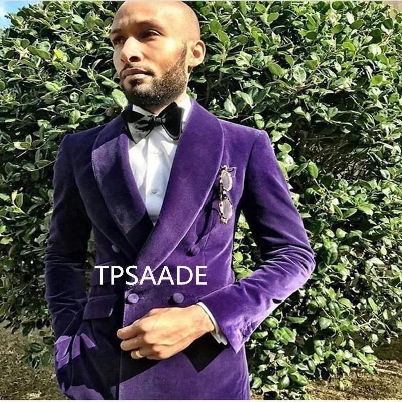 

Purple Velvet Shawl Collar Men Suit Handsome Double Breasted Jacket 2017 Tuxedo For Party New Style Suits (Jacket+Pants+Bow Tie)