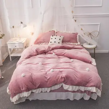 

Fleece Warm Bedding Sets Pink Green Purple Princess Queen King Size Bed set Duvet Cover Pillowcase Bed Sheet Linens for Girls