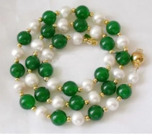 

7-8mm free shipping new fashion Natural White Akoya Pearl Green chalcedony jades Round Beads Necklace 18"BV395