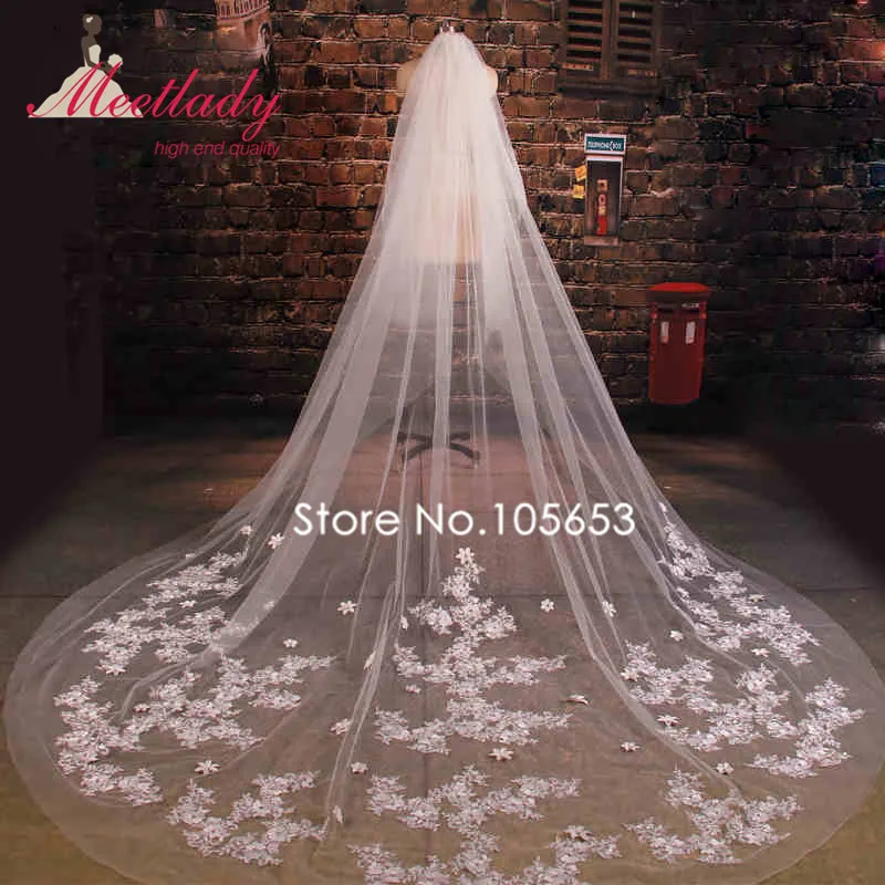 Ladies Long Cathedral Bridal Veil Lace Appliques 3M 5M Long Bridal Wedding Accessories With 3D Flowers Adorned