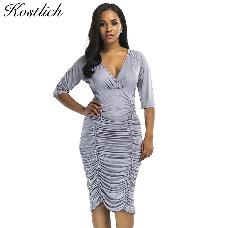 Kostlich глубокий v-образным вырезом Sexy Для женщин Оболочка Bodycon платья Твердые