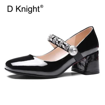 

Sexy Pumps Women Shoes High Hoof Heels BLACK RED Rhinestone Wedding Shoes Crystal Patent Leather Mary Janes Womens Shoes Girls