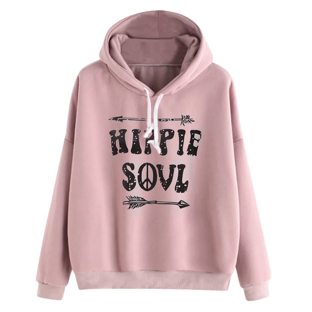 

2019 HIPPIE SOUL Letter Pink Hoodies Sweatshirt Women Long Sleeve Pullover Tops Hooded Sweatshirts Moletom Feminino