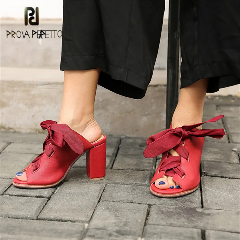 Prova Perfetto Sexy Red Women Slippers Summer Gladiator Sandals Lace Up Chunky High Heels Women Pumps Sandalias Mujer Slides цена Prova Perfetto Sexy Red Women Slippers Summer Gladiator Sandals Lace Up Chunky High Heels Women Pumps Sandalias Mujer Slides цены онлайн