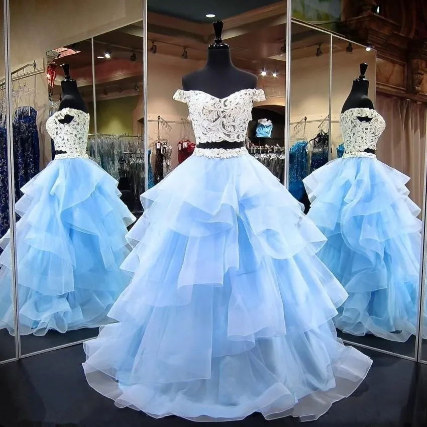 

Linyixun Light Blue Ball Gown Two Pieces Prom Dresses 2018 Lace Cap Sleeve Cascading Ruffles Organza Formal Evening Party Gown
