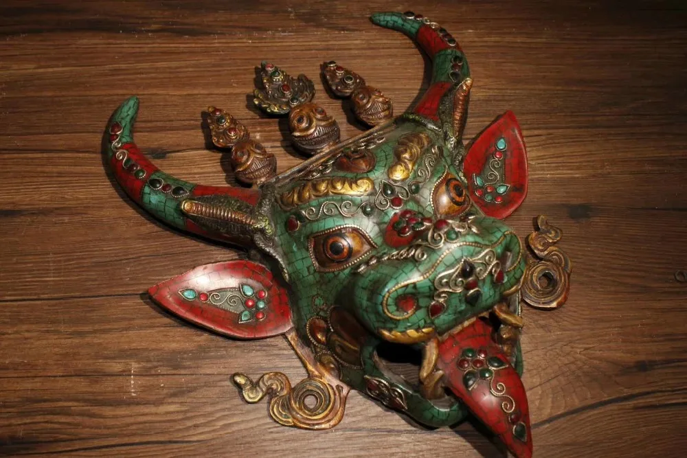 

Collectible Tibetan Buddhism Old handmade copper Inlaid turquoise Tauren head Yamantaka mask statue/Wall hanging statue