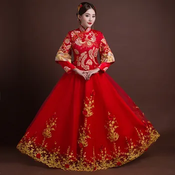

Women Traditional Cheongsam Wedding Gowns Bride Red Chinese Dress Qipao Phoenix Embroidery Robe Oriental Style Dresses