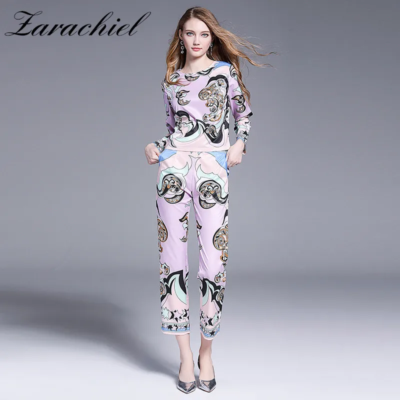

2019 New Fall Runway Pants Suit Sets Women's Long Sleeve O-Neck Printed Shirt Top+Pocket Ankle-Length Pencil Pants Two Piece Set
