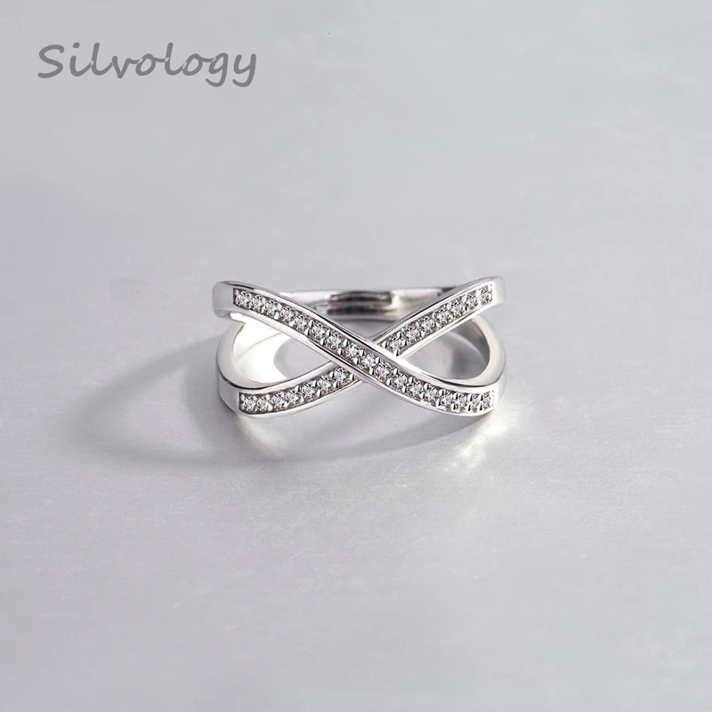 

Silvology Line Intersect Micro Zircon Rings Sterling 925 Silver Simple Creative Texture Adjustable Rings For Women Fine Jewelry
