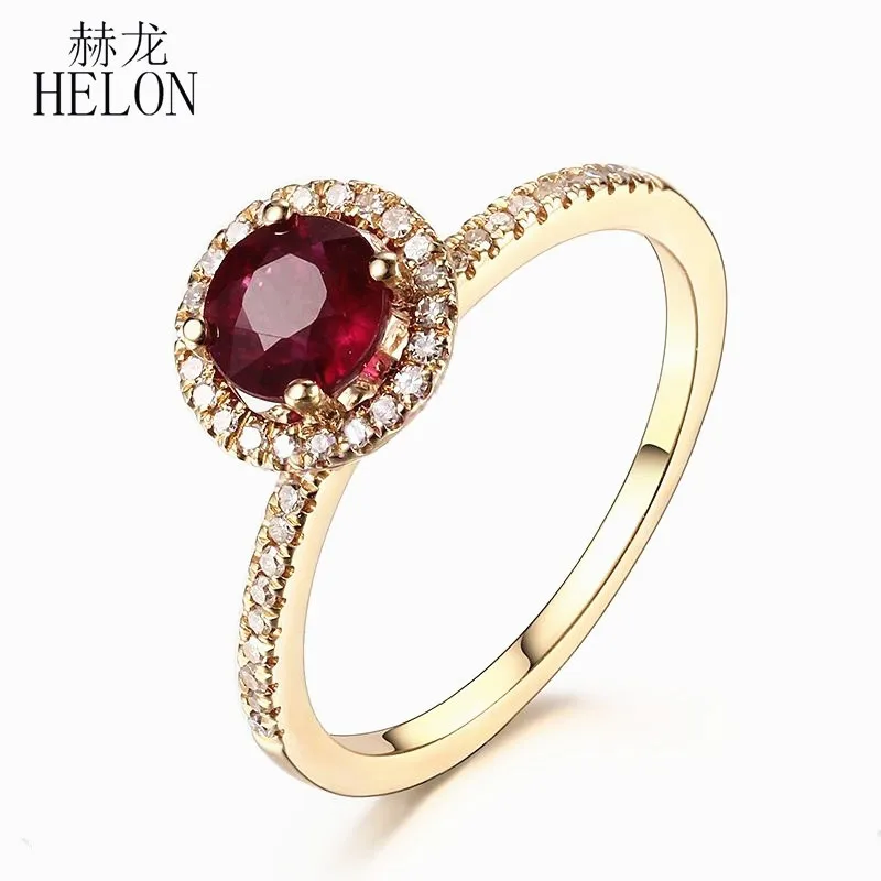 

HELON Solid 10K Yellow Gold Pave Natural Diamond 5MM Round Treated Ruby Ring Setting Engagement Wedding Gemstone Diamonds Ring