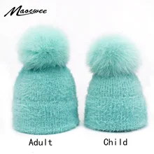 Зимняя шапка с помпоном, вязаная шапка из натурального меха лисы, женская зимняя шапка унисекс, детская теплая плотная эластичная вязаная шапка Skullies