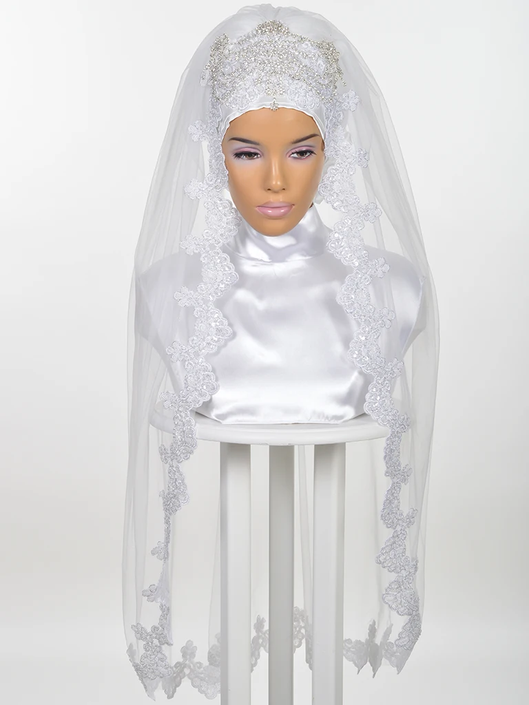 Мусульманская свадебная вуаль для невесты Свадебные хиджаб кристаллы, блестки Стразы Кружева Аппликации края длина затылка локтя один слой