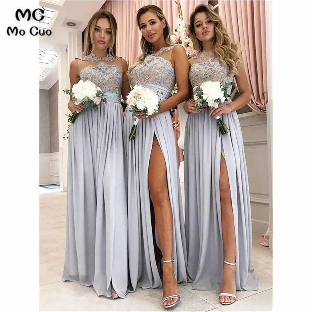 

Elegant Sheer Lace Bridesmaid Dresses Long Wedding Party Dress Front Slit Chiffon Floor Length Bridesmaid Dress for Women