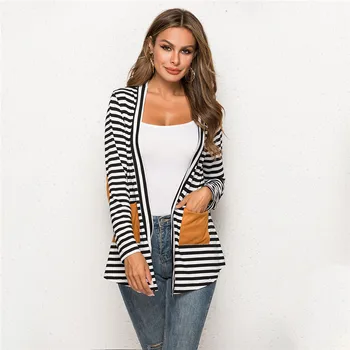 

Polyester Coats Spring Autumn Womens Jacket Long Sleeve Striped Cardigan Long Coat Loose Cloak Jacket Thin Slim Fit Outerwear