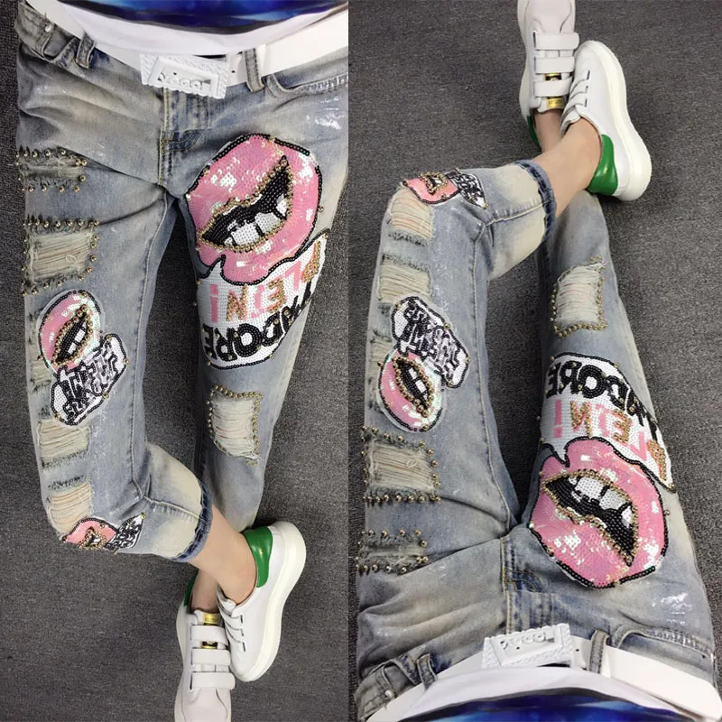 

Women Denim Pants 2019 New Spring Summer Personality Sequins Beading Hole Students Jeans Casual Loose Female Denim Trousers