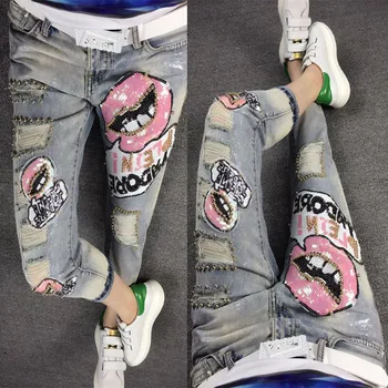 

Women Denim Pants 2019 New Spring Summer Personality Sequins Beading Hole Students Jeans Casual Loose Female Denim Trousers